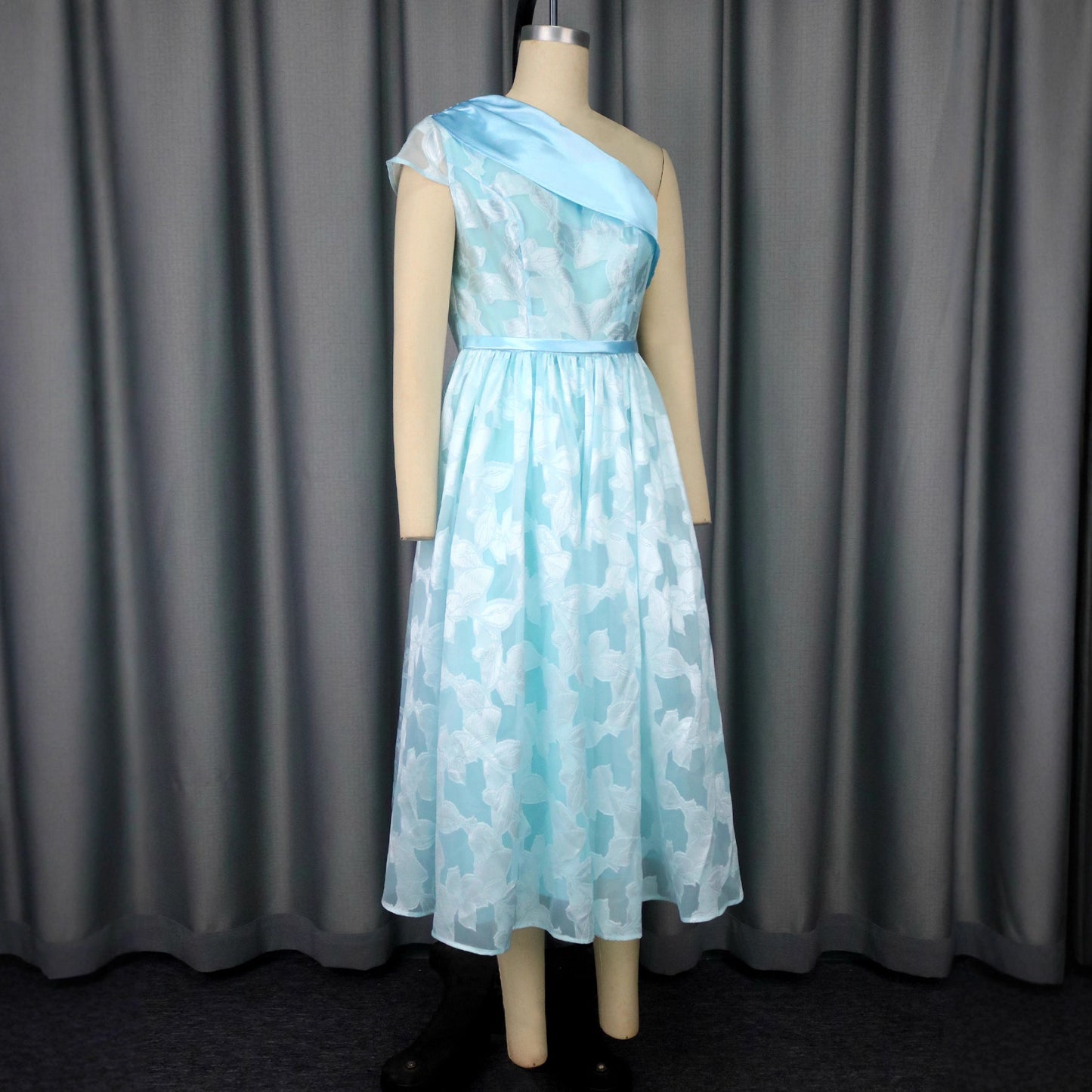 Women's Oblique Shoulder Contrast Color Evening Dress Jacquard Elegant Dress