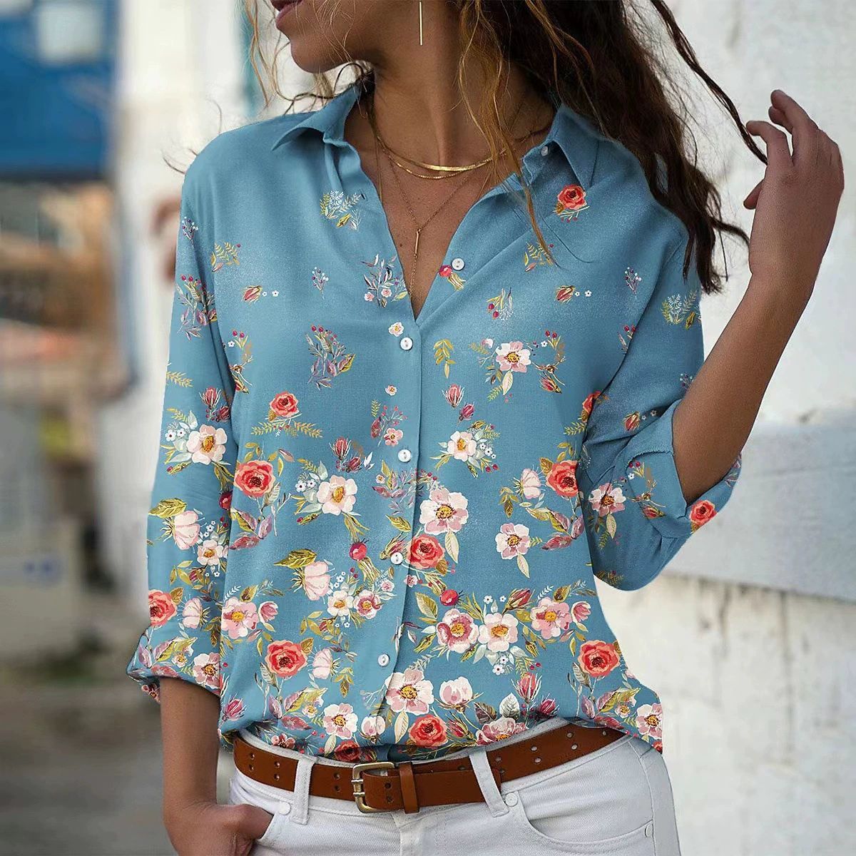 Women's Summer Shirt Digital Printing Plant Flower Pattern