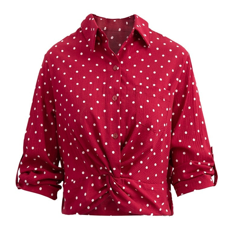 Women's Single-breasted Lapel Chiffon Slim Fit Long Sleeve Polka Dot Shirt