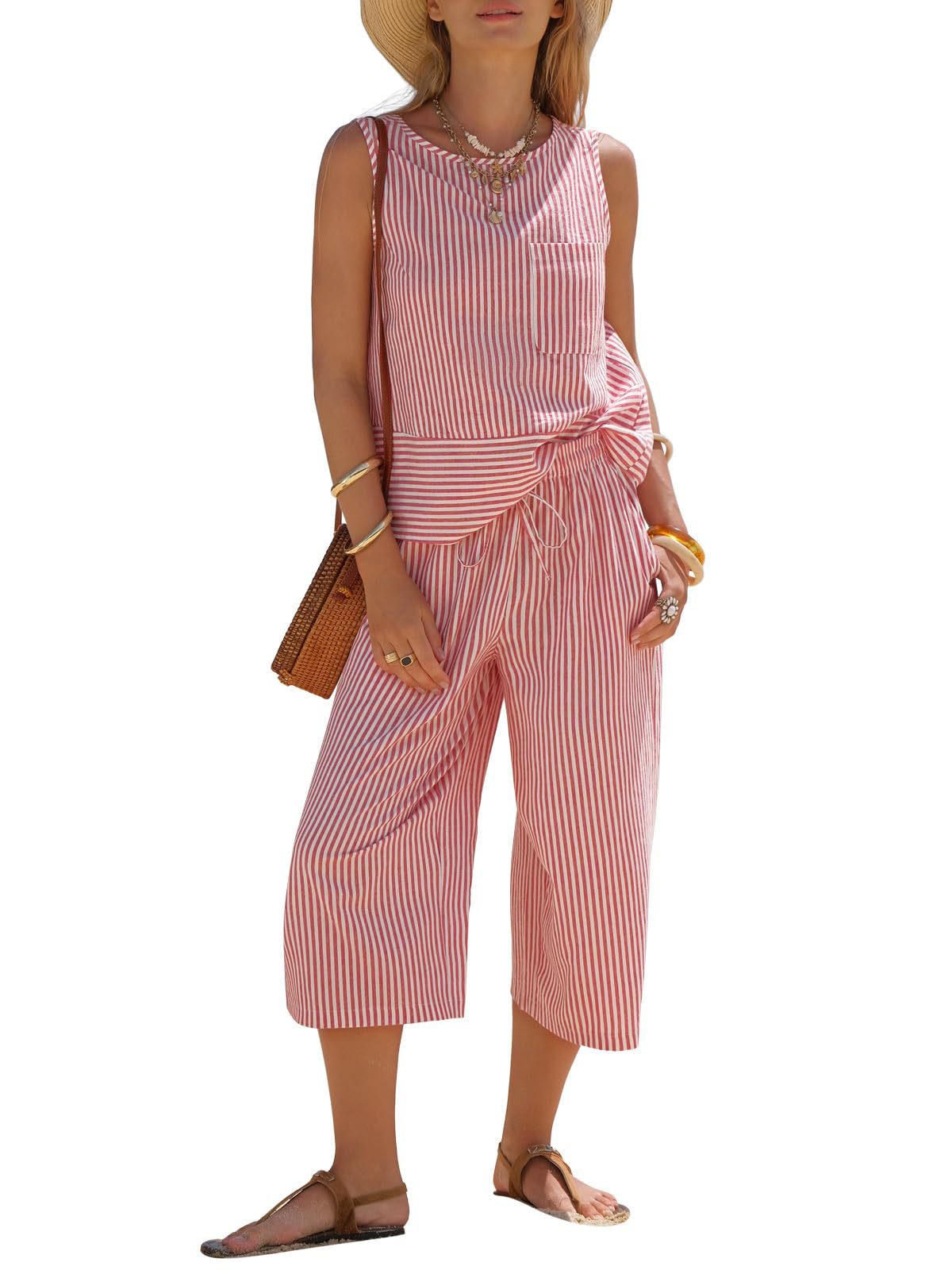 Womens Round-neck Featuring A Striped Sleeveless Top And Cropped Pants