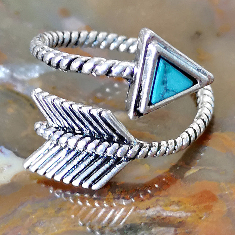 S925 Silver Turquoise Feather Bow And Arrow Ring Plated