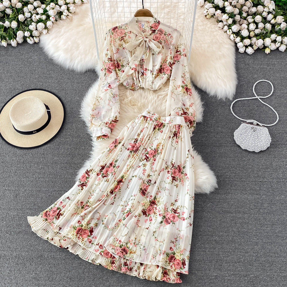 Bow-tie Lace Floral Chiffon High-Waist Pleated Skirt
