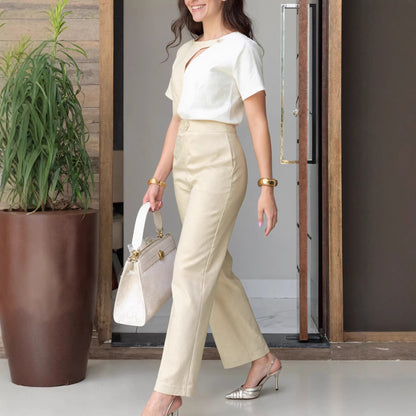 Womens Two-piece Pantsuit Short-sleeve Hollow-out Blouse With Straight-leg Pants