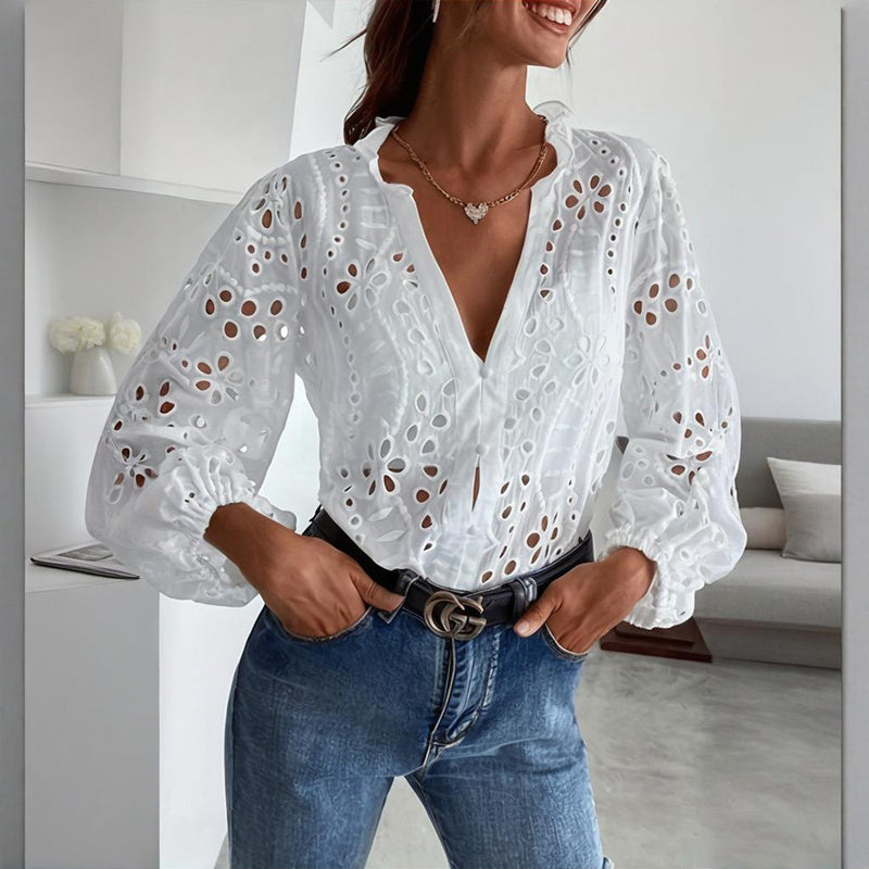 Women's Solid Color Stand Collar Long Sleeve Blouse Elegant Embroidery Cut-out Casual Spring Summer Fashion Top