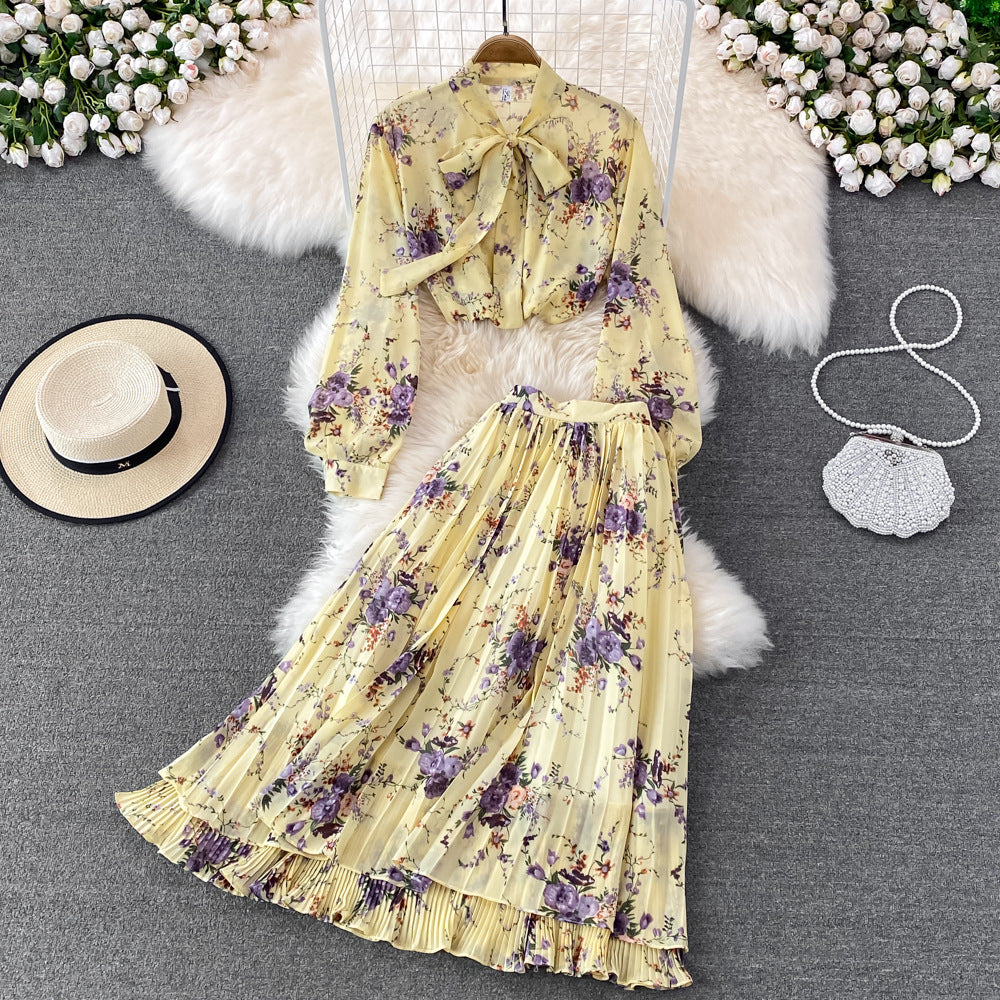 Bow-tie Lace Floral Chiffon High-Waist Pleated Skirt