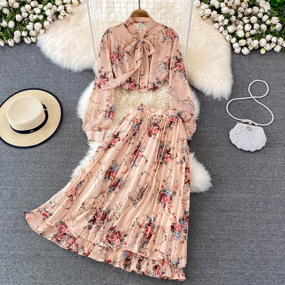 Bow-tie Lace Floral Chiffon High-Waist Pleated Skirt