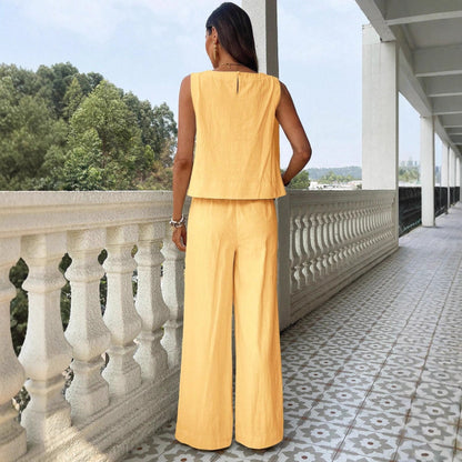 Cotton-Linen Loose Tank Top And High-Waisted Loose Straight-Leg Pants Casual Set