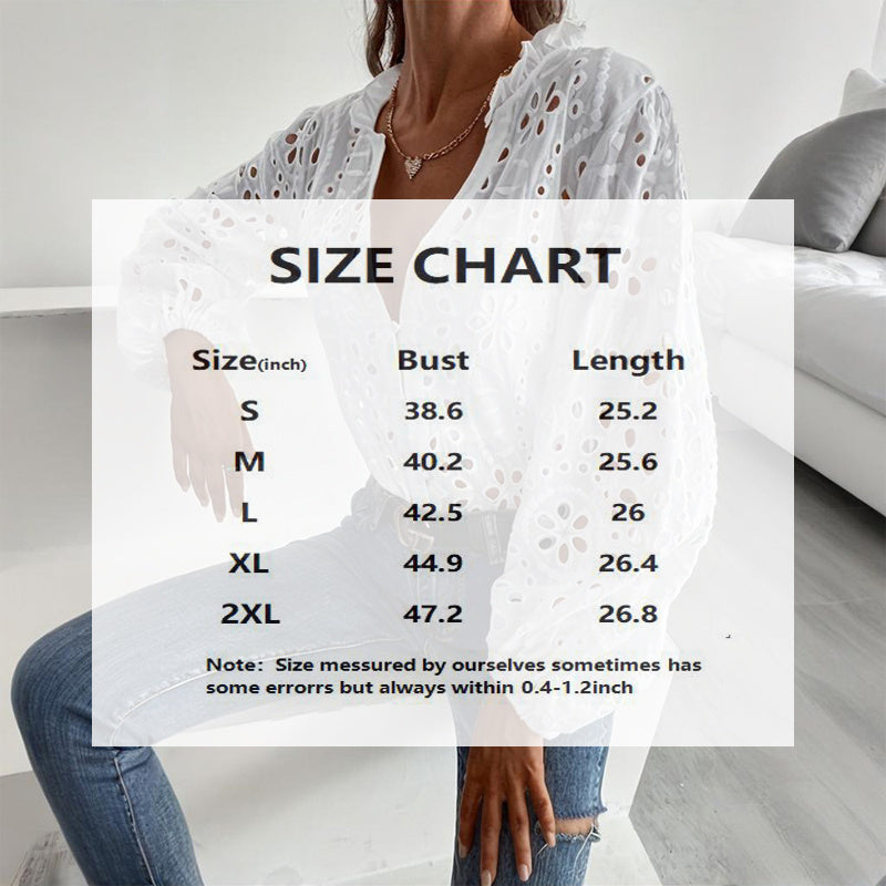 Women's Solid Color Stand Collar Long Sleeve Blouse Elegant Embroidery Cut-out Casual Spring Summer Fashion Top