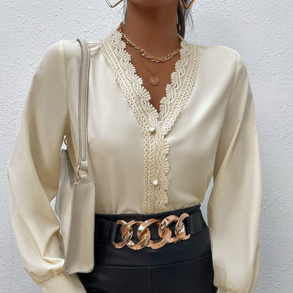 Simple Elegant Eyelash Lace Stitching V-neck Shirt For Women
