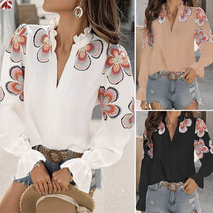 New Fashion V-neck Puff Sleeve Ruffles Blouse For Women