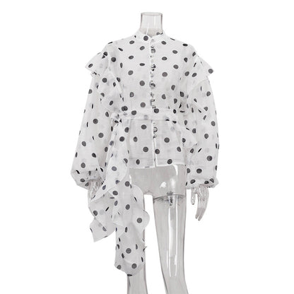 Elegant Ruffled Lace-up Stand Collar Polka Dot Shirt