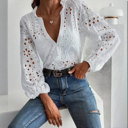 Women's Solid Color Stand Collar Long Sleeve Blouse Elegant Embroidery Cut-out Casual Spring Summer Fashion Top