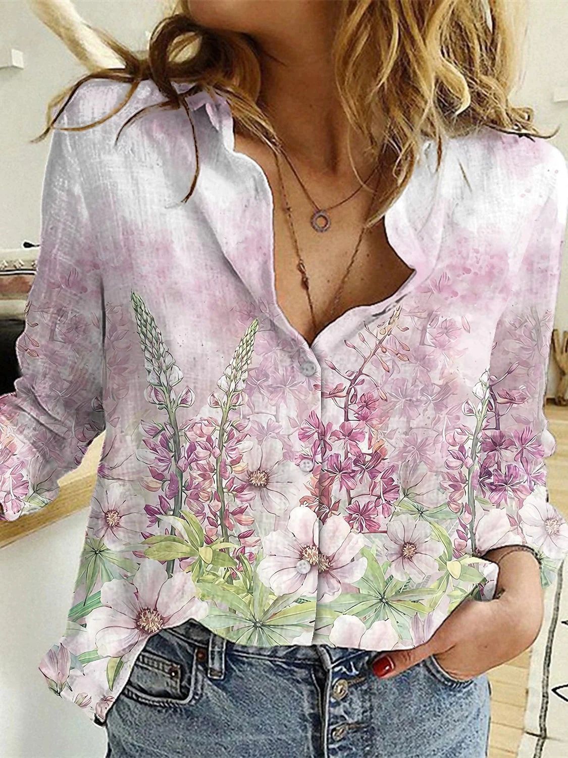 Women's Summer Shirt Digital Printing Plant Flower Pattern