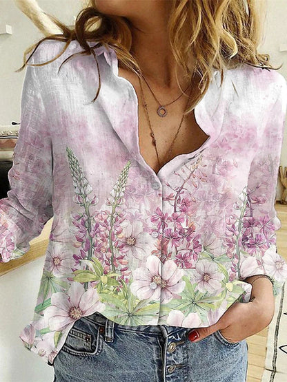 Women's Summer Shirt Digital Printing Plant Flower Pattern