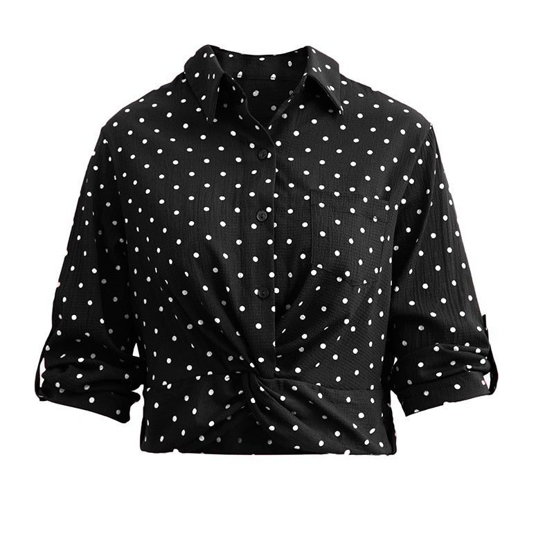 Women's Single-breasted Lapel Chiffon Slim Fit Long Sleeve Polka Dot Shirt