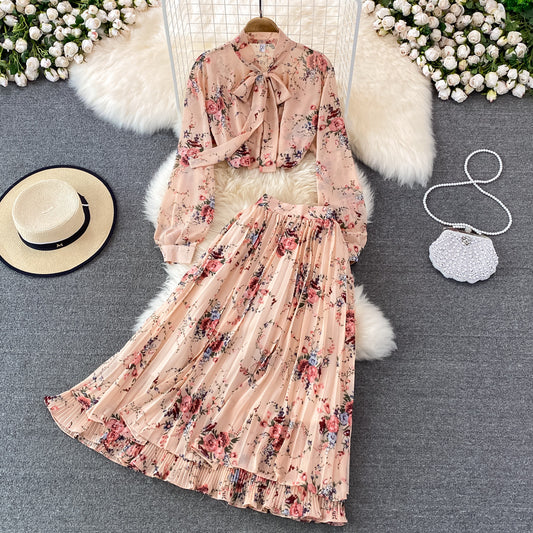Bow-tie Lace Floral Chiffon High-Waist Pleated Skirt