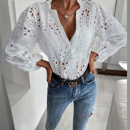 Women's Solid Color Stand Collar Long Sleeve Blouse Elegant Embroidery Cut-out Casual Spring Summer Fashion Top