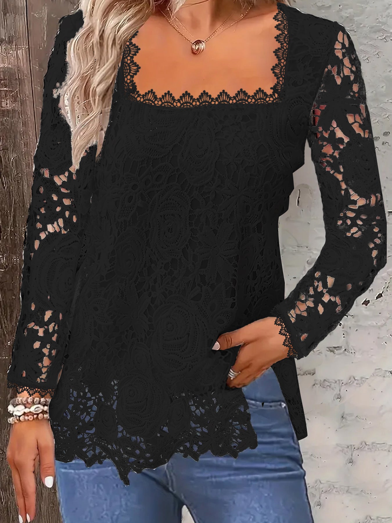 European And American Fashion Women's Wear Short-sleeved Lace Top Solid Color T-shirt