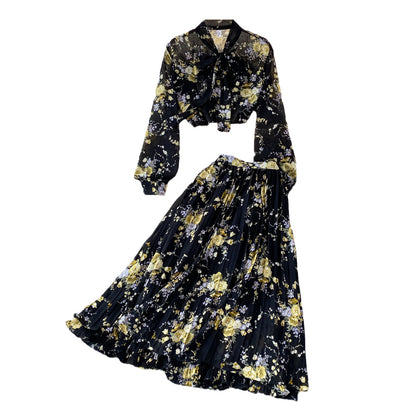 Bow-tie Lace Floral Chiffon High-Waist Pleated Skirt
