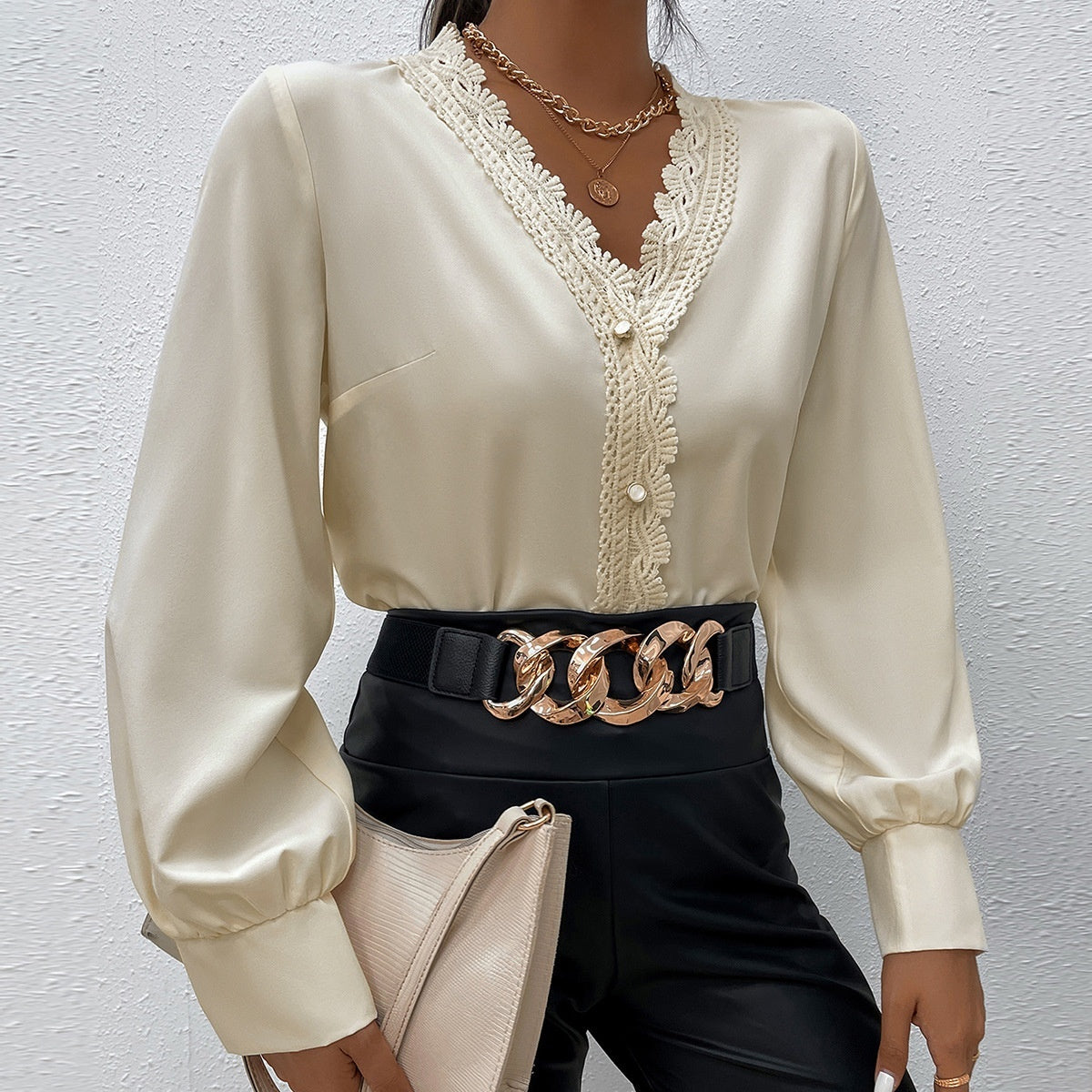 Simple Elegant Eyelash Lace Stitching V-neck Shirt For Women