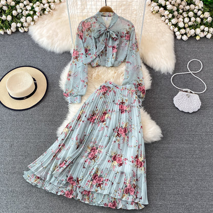 Bow-tie Lace Floral Chiffon High-Waist Pleated Skirt