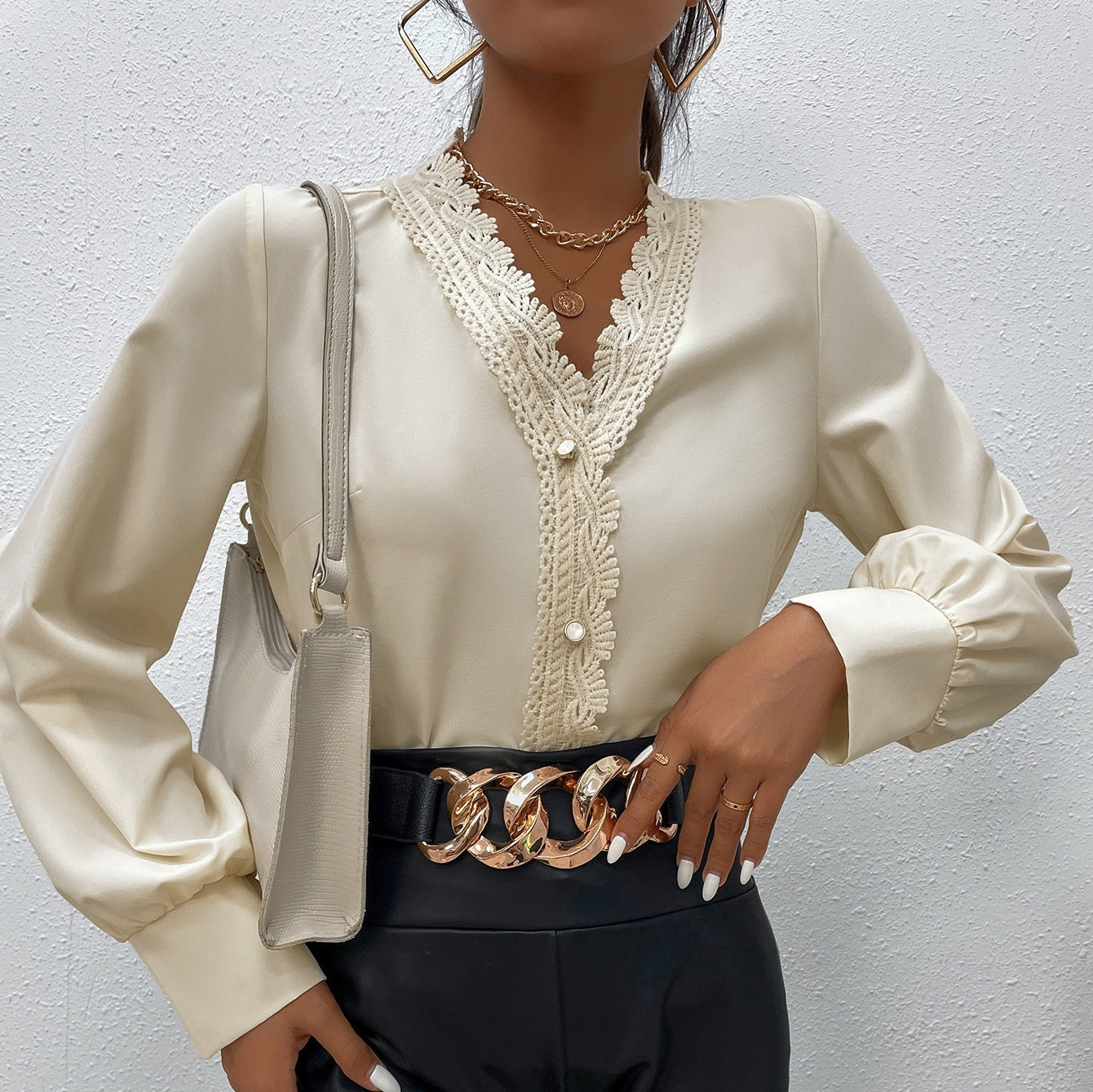 Simple Elegant Eyelash Lace Stitching V-neck Shirt For Women