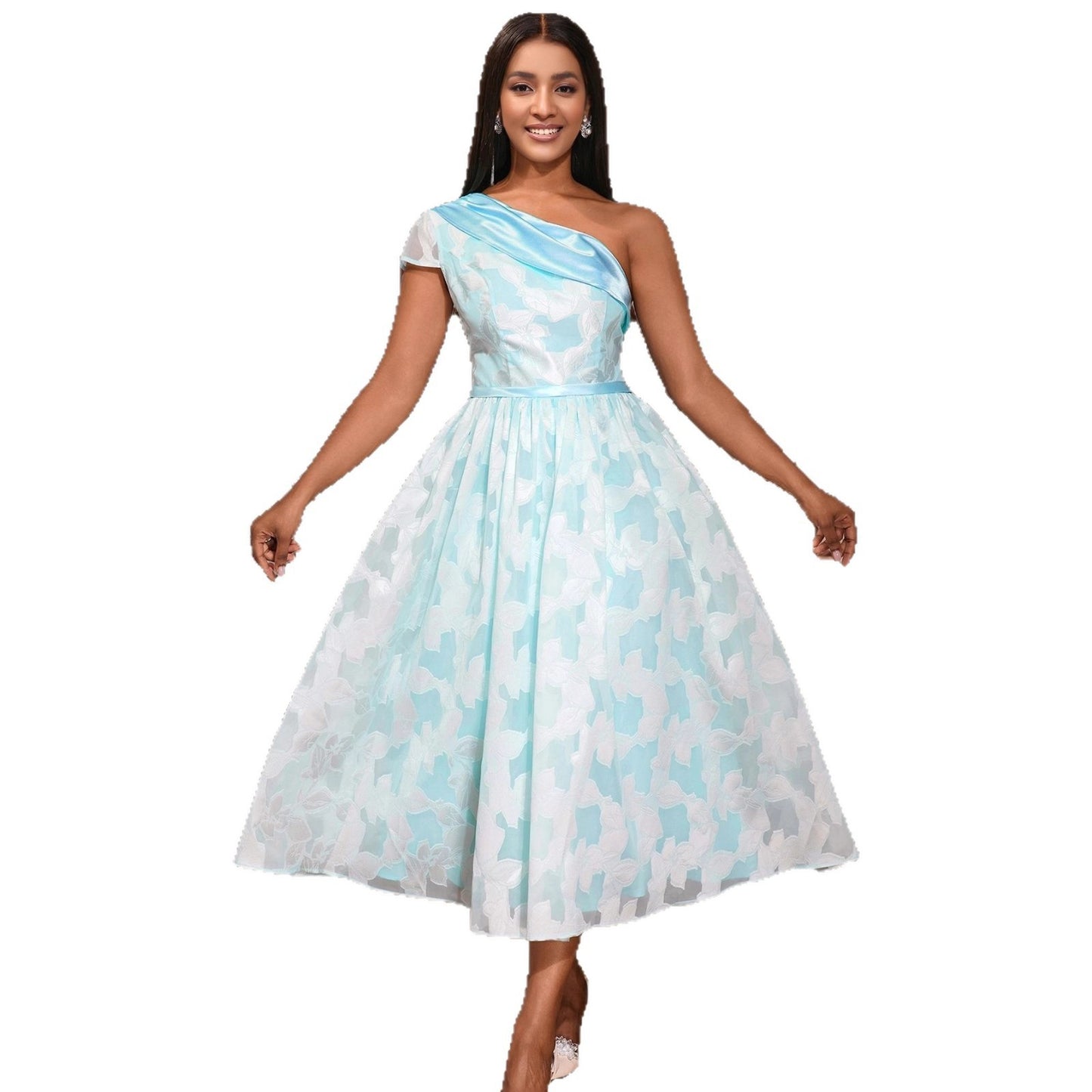 Women's Oblique Shoulder Contrast Color Evening Dress Jacquard Elegant Dress