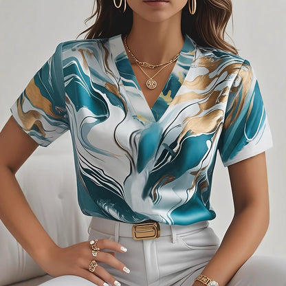 Geometric Pattern V-neck Commuter's All-matching Short Sleeve Shirt