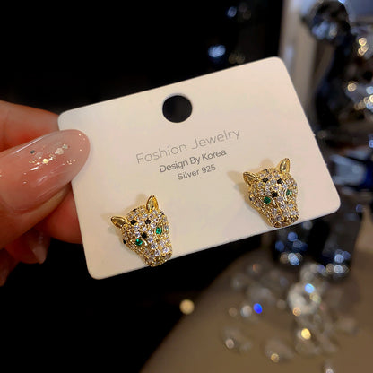 925 Silver Needle Personality Leopard Head Zircon Earrings