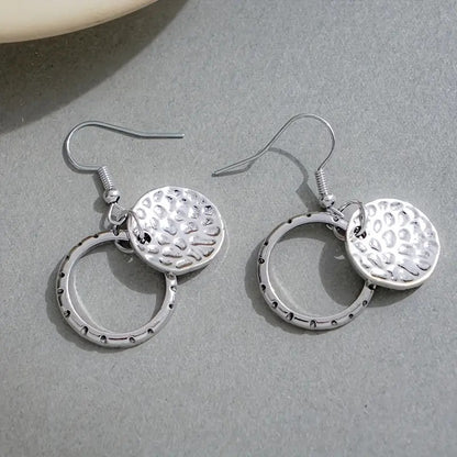 Vintage Bohemian Style Silver Disc Design Pendant Earrings