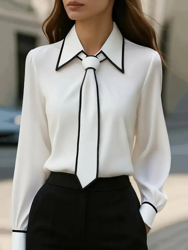 Autumn Fashion Solid Color Commute Tie Long Sleeve Shirt Women's Clothing