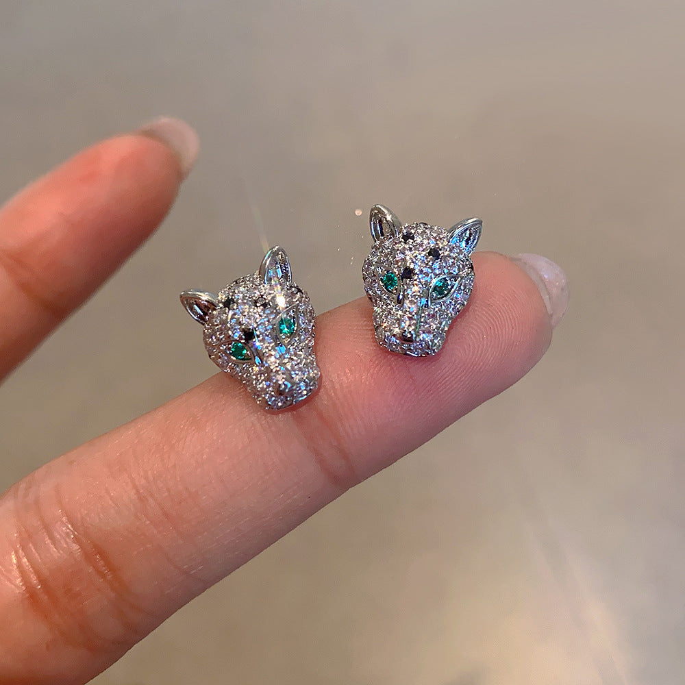 925 Silver Needle Personality Leopard Head Zircon Earrings