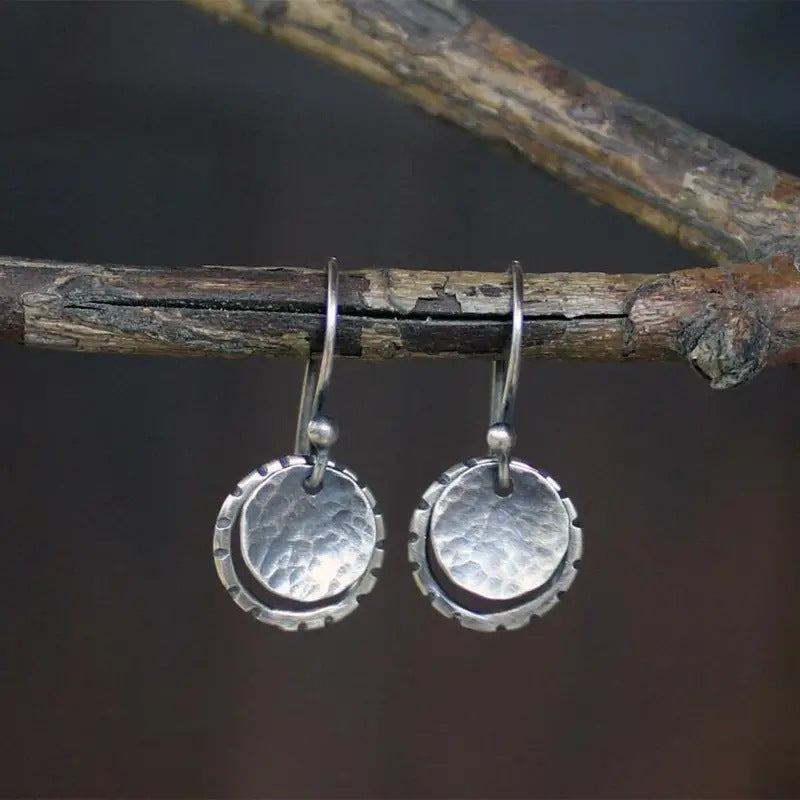 Vintage Bohemian Style Silver Disc Design Pendant Earrings