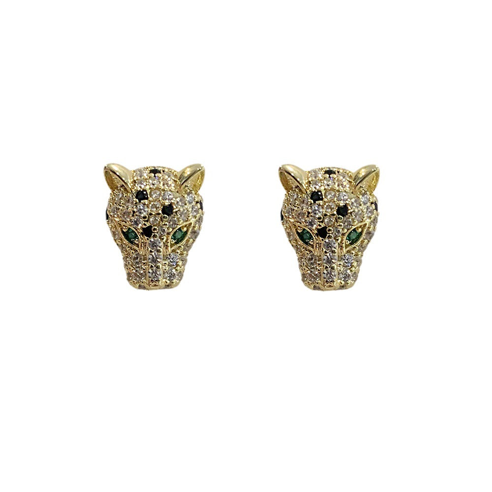 925 Silver Needle Personality Leopard Head Zircon Earrings