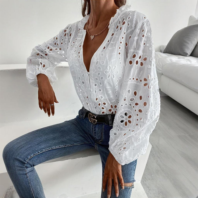 Women's Solid Color Stand Collar Long Sleeve Blouse Elegant Embroidery Cut-out Casual Spring Summer Fashion Top