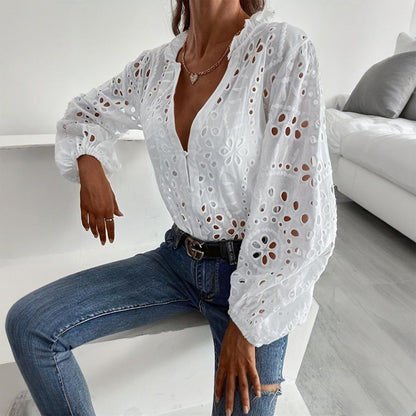 Women's Solid Color Stand Collar Long Sleeve Blouse Elegant Embroidery Cut-out Casual Spring Summer Fashion Top