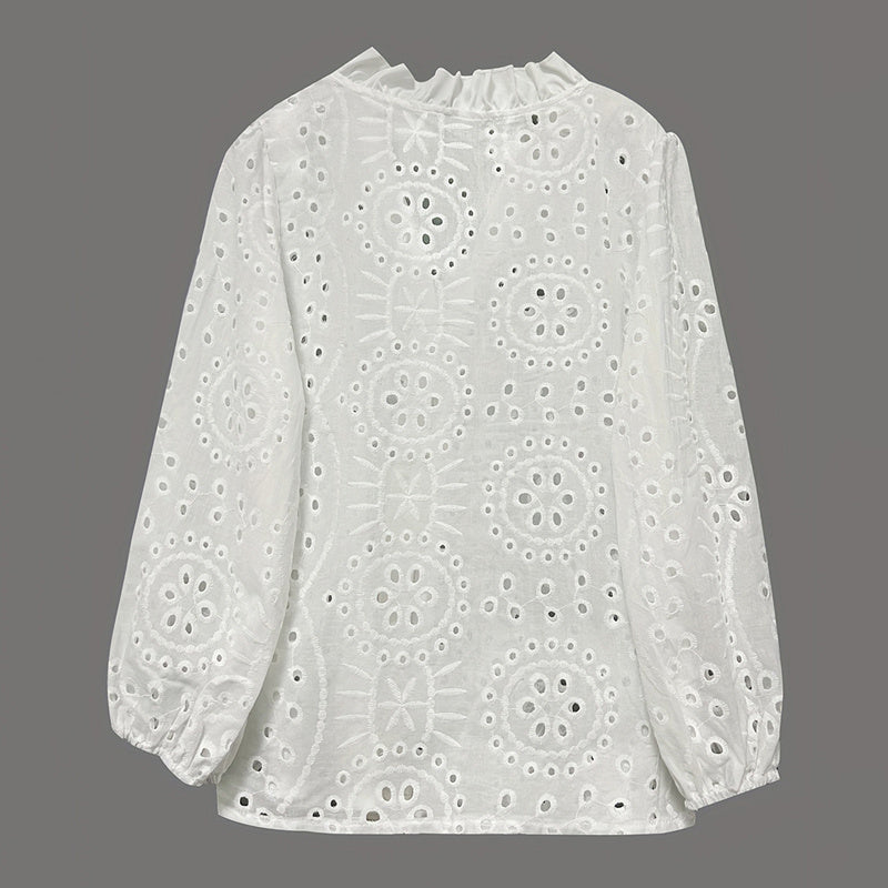 Women's Solid Color Stand Collar Long Sleeve Blouse Elegant Embroidery Cut-out Casual Spring Summer Fashion Top