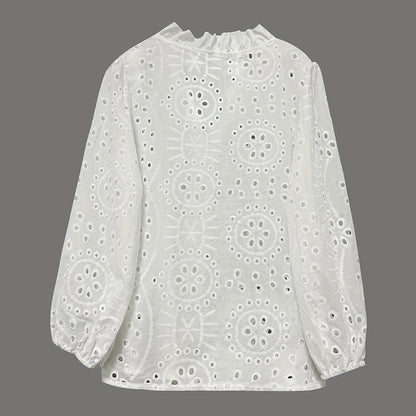 Women's Solid Color Stand Collar Long Sleeve Blouse Elegant Embroidery Cut-out Casual Spring Summer Fashion Top
