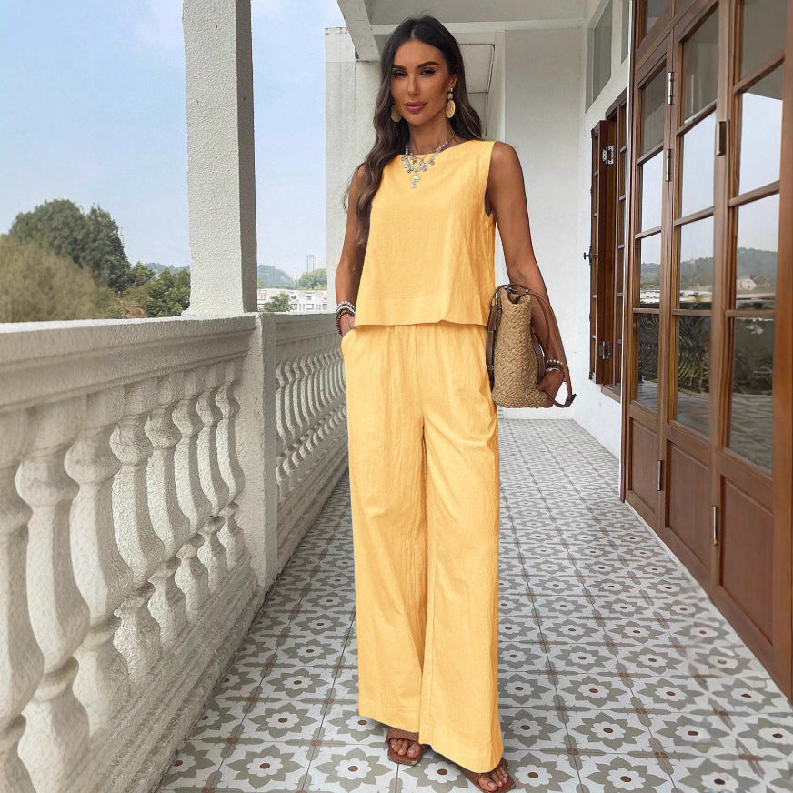 Cotton-Linen Loose Tank Top And High-Waisted Loose Straight-Leg Pants Casual Set