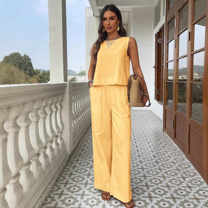 Cotton-Linen Loose Tank Top And High-Waisted Loose Straight-Leg Pants Casual Set