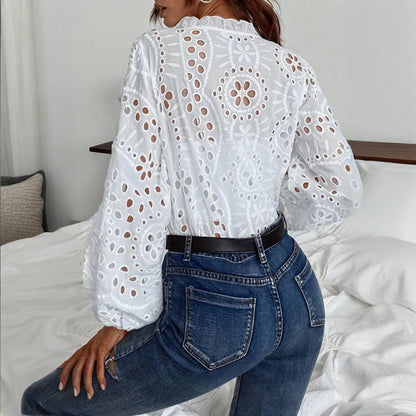 Women's Solid Color Stand Collar Long Sleeve Blouse Elegant Embroidery Cut-out Casual Spring Summer Fashion Top