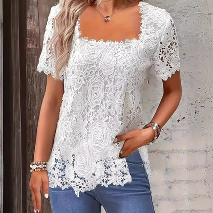 European And American Fashion Women's Wear Short-sleeved Lace Top Solid Color T-shirt