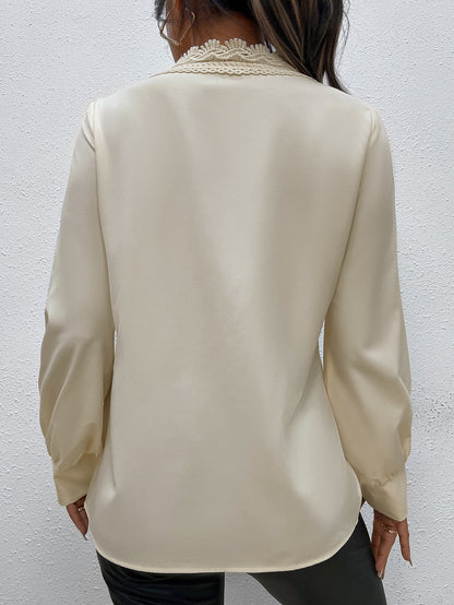 Simple Elegant Eyelash Lace Stitching V-neck Shirt For Women