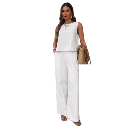 Cotton-Linen Loose Tank Top And High-Waisted Loose Straight-Leg Pants Casual Set