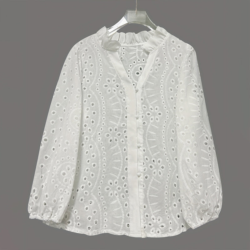 Women's Solid Color Stand Collar Long Sleeve Blouse Elegant Embroidery Cut-out Casual Spring Summer Fashion Top