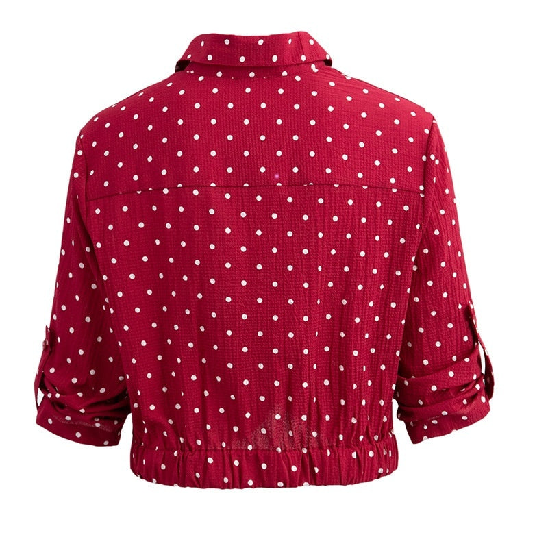Women's Single-breasted Lapel Chiffon Slim Fit Long Sleeve Polka Dot Shirt