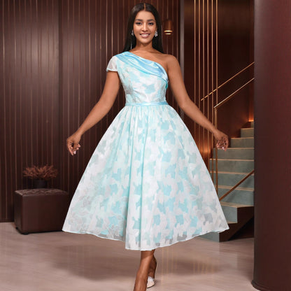 Women's Oblique Shoulder Contrast Color Evening Dress Jacquard Elegant Dress