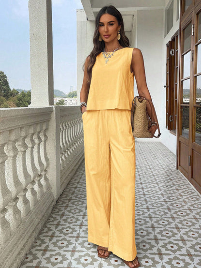 Cotton-Linen Loose Tank Top And High-Waisted Loose Straight-Leg Pants Casual Set