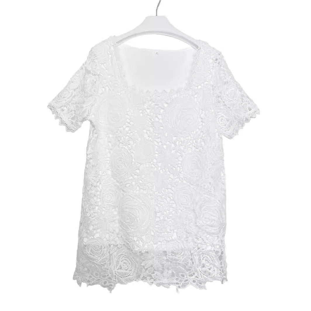 European And American Fashion Women's Wear Short-sleeved Lace Top Solid Color T-shirt